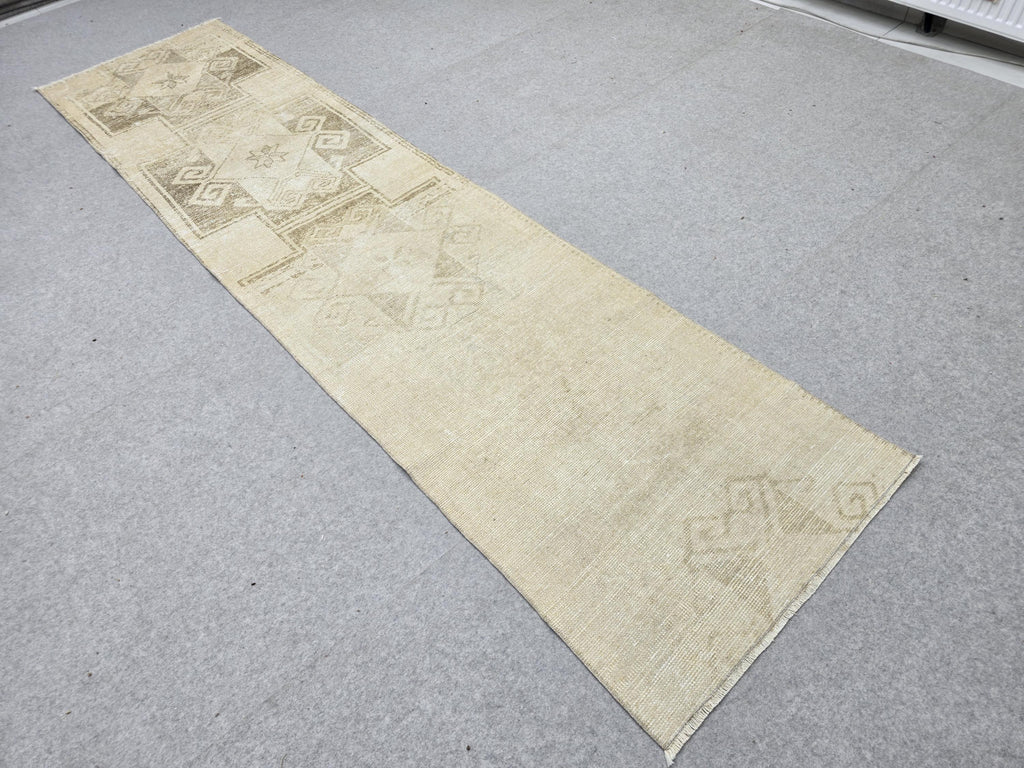 Turkish Rug 3x10 Wool Runner Rug for Narrow Hall, Star Medallion Tribal Carpet, Earth tone Brown Rug, Boho Decor