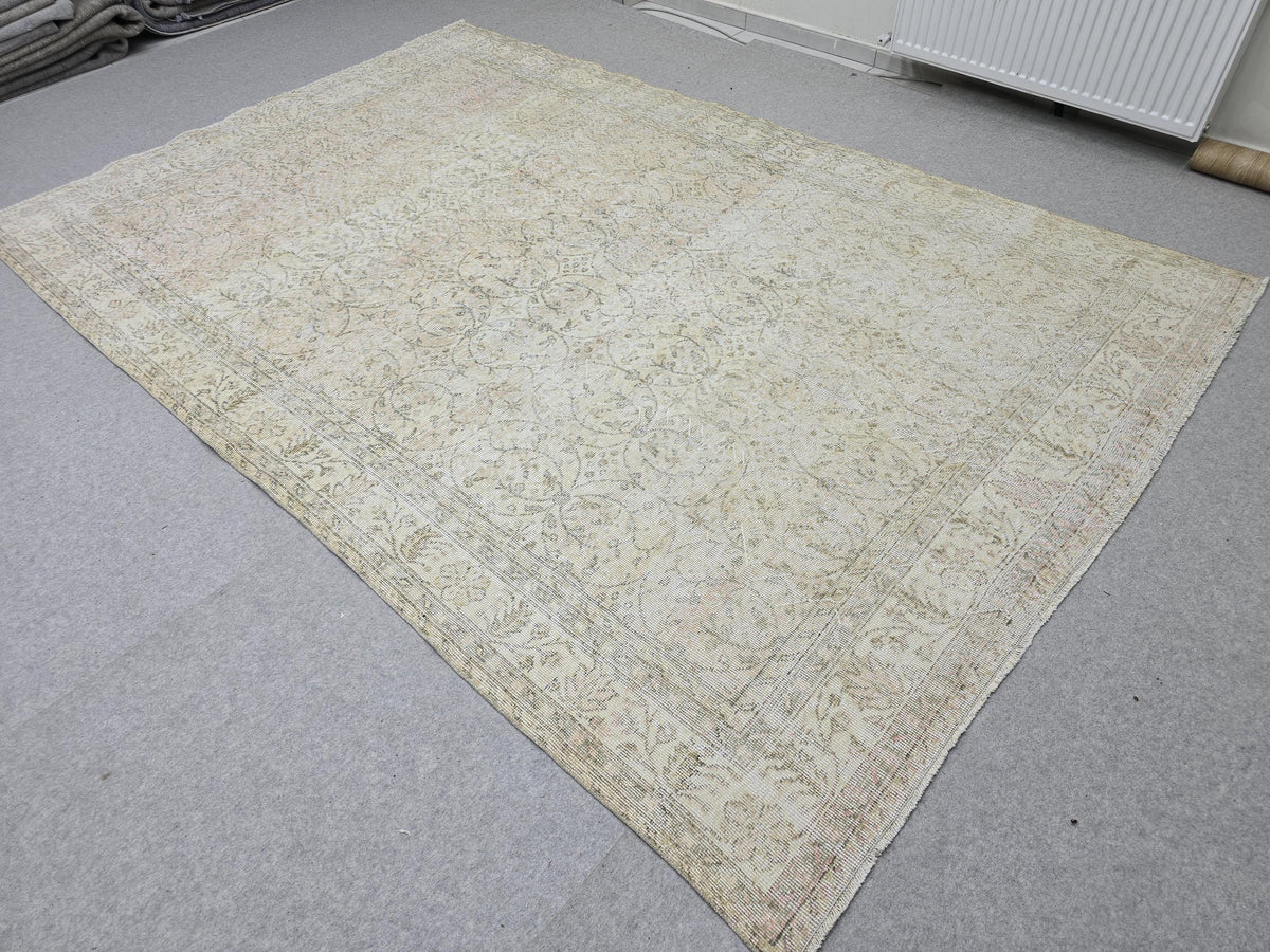 Oushak Rug 6x10, Muted Beige Turkish Area Rug, Vintage Floral Wool Carpet for Living Room Decor