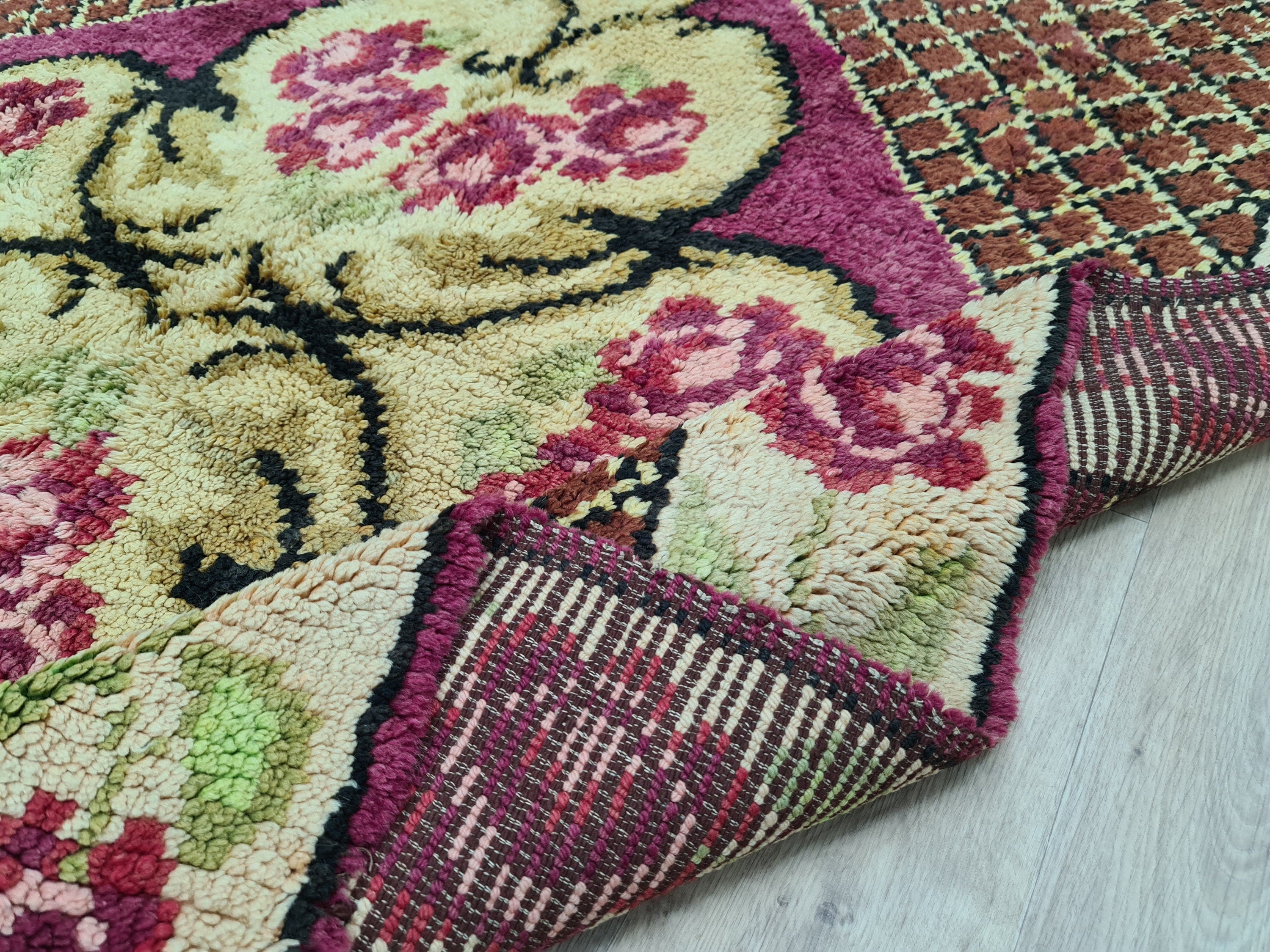 Hand Knotted Wool Oushak Rug: Vintage Turkish High Pile Carpet (6.3x7.25 ft)