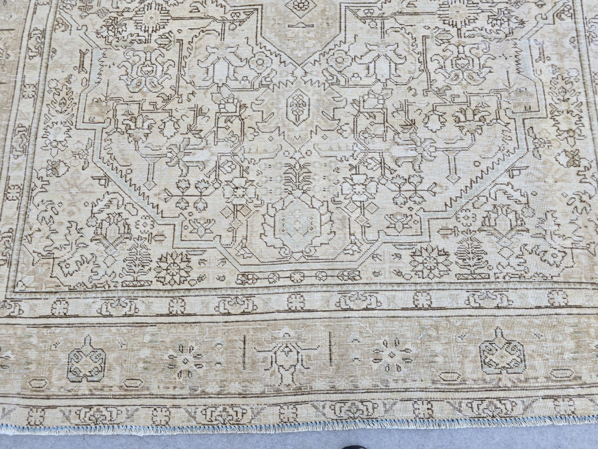 Vintage Rug 8x11, Mocha Brown Turkish Area Rug, Faded Hand Knotted Wool Carpet, Neutral Medallion Rug for Living Room, Office Decor