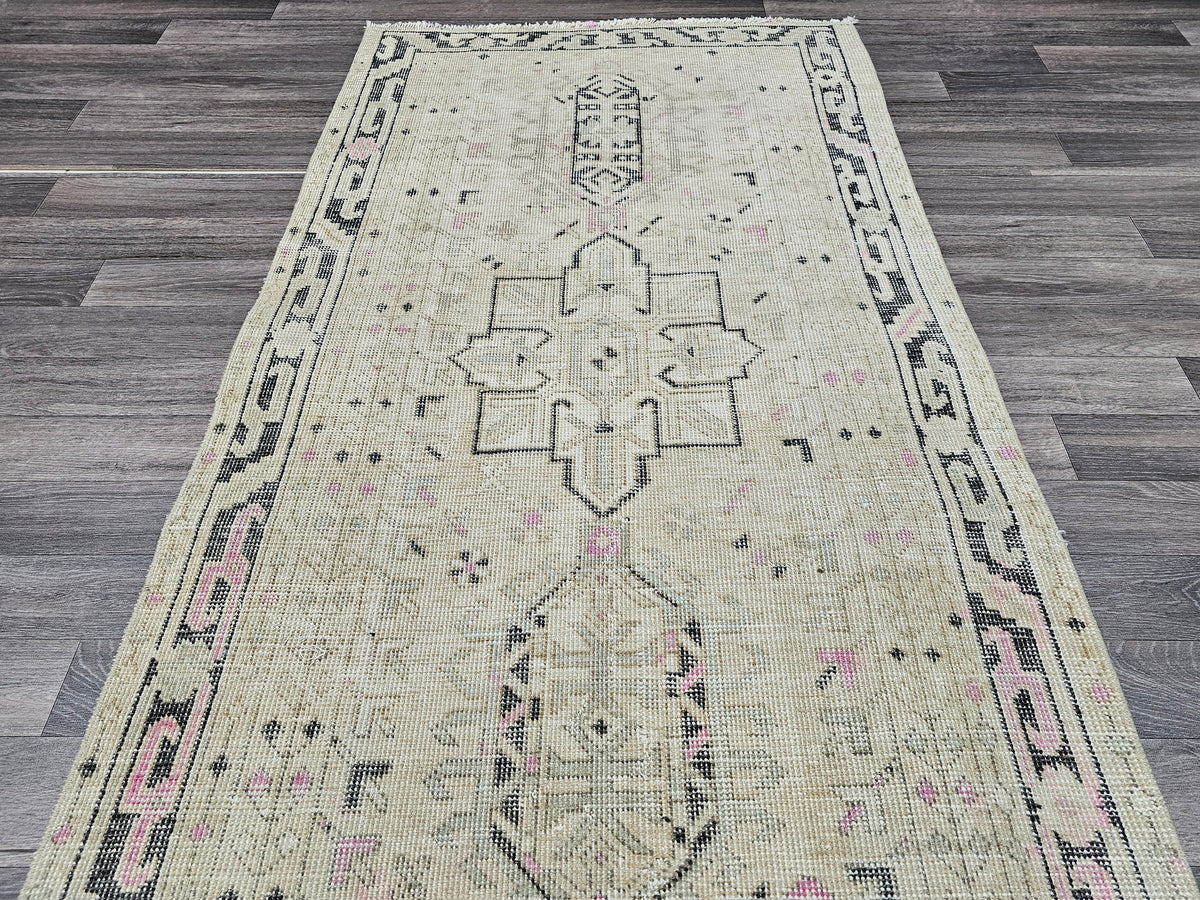 Vintage Turkish Oushak Wool Runner Rug: 3x12 Neutral Hallway Carpet