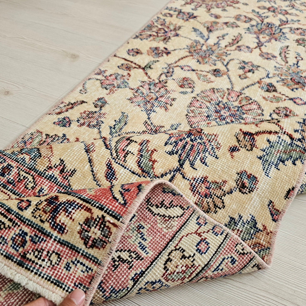 Vintage Turkish Oushak Runner Rug: Floral Wool Hallway Rug (2.4x10 ft)