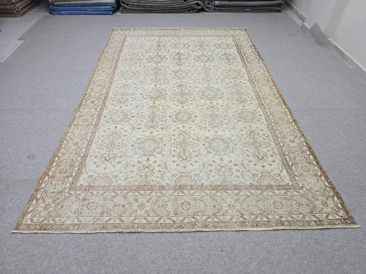 Vintage Turkish Oushak Rug 7x10, Hand Knotted Wool, Neutral Farmhouse