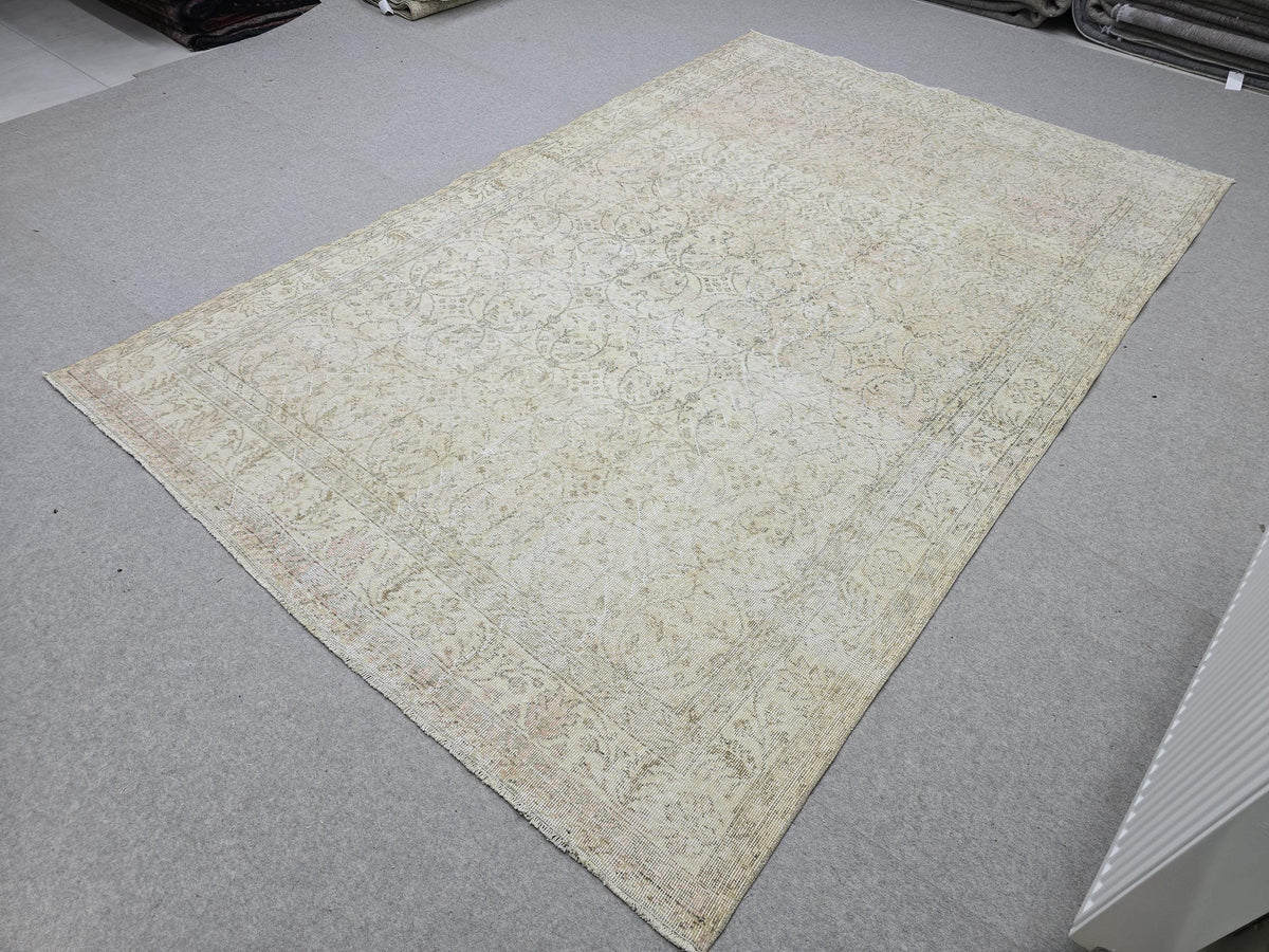 Oushak Rug 6x10, Muted Beige Turkish Area Rug, Vintage Floral Wool Carpet for Living Room Decor