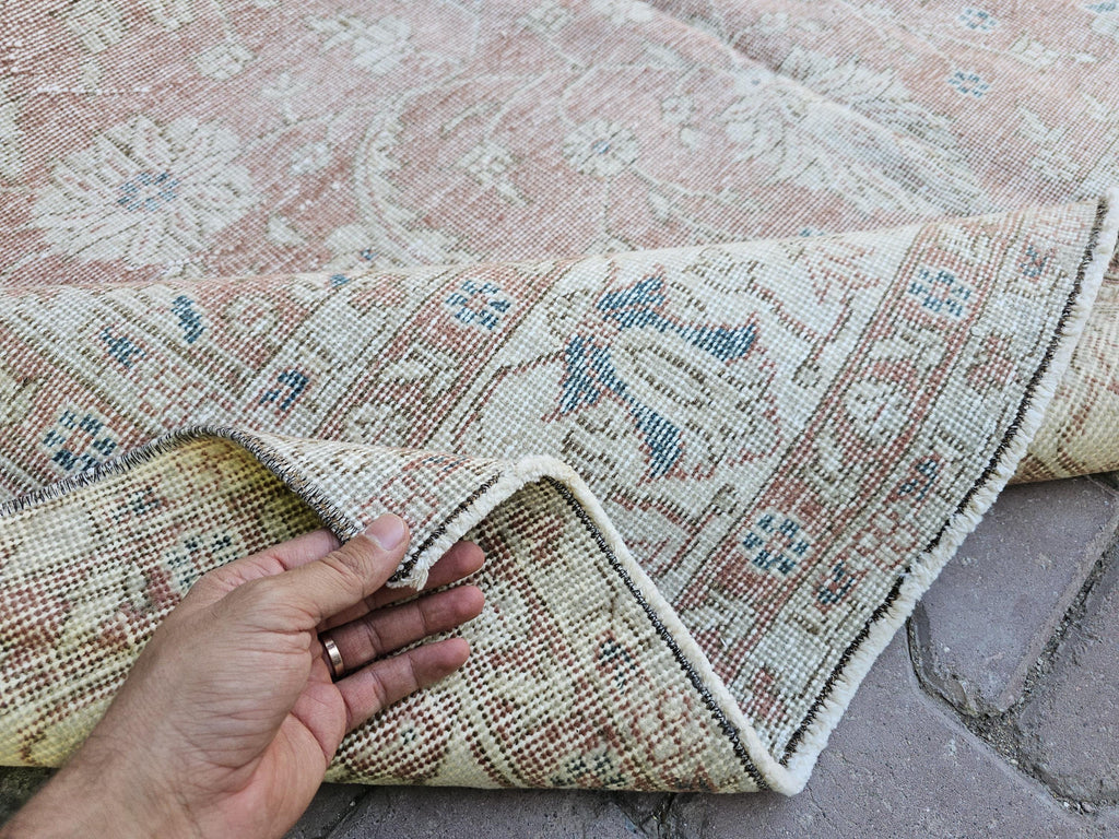 7x10 Hand-Knotted Turkish Oushak Rug: Faded Oriental Area Carpet
