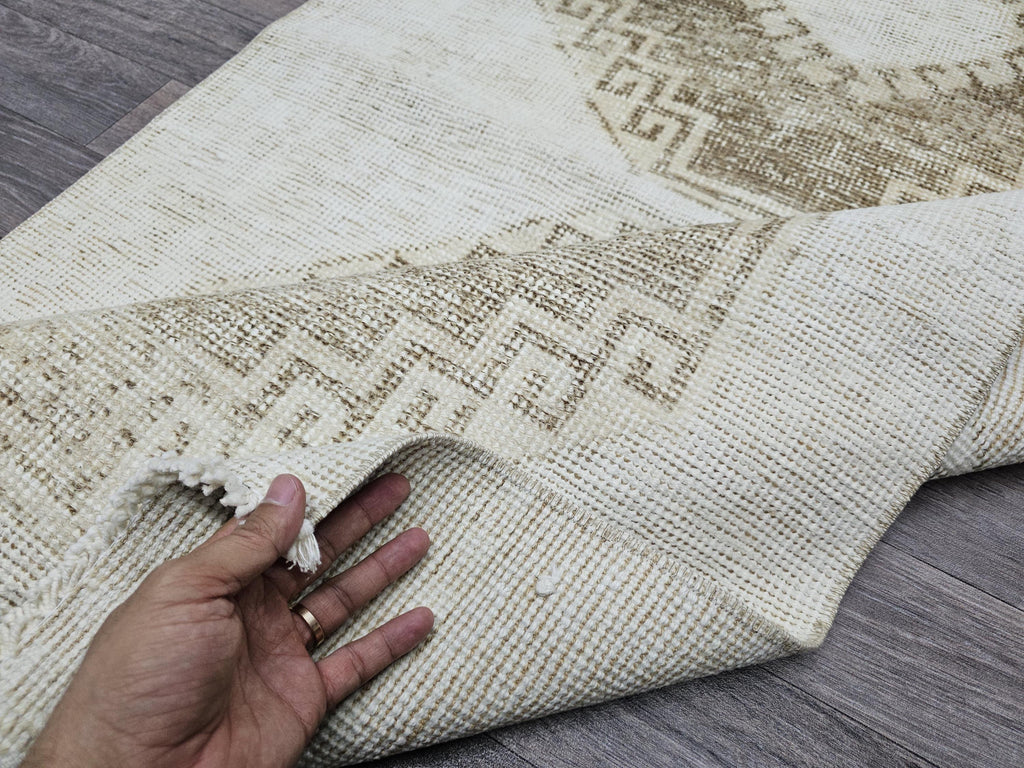 Hand Knotted Wool Turkish Runner 3x12: Neutral Oushak Hallway Rug