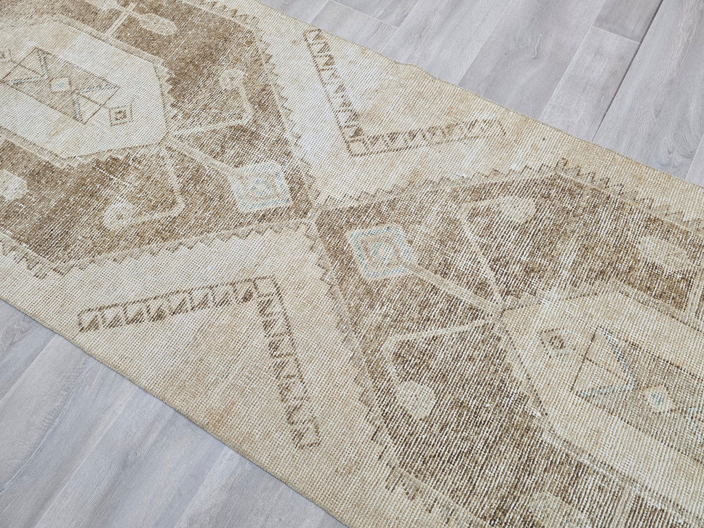 Neutral Turkish Oushak Runner Rug: Hand-Knotted Wool Boho Decor (3x11.5 ft)