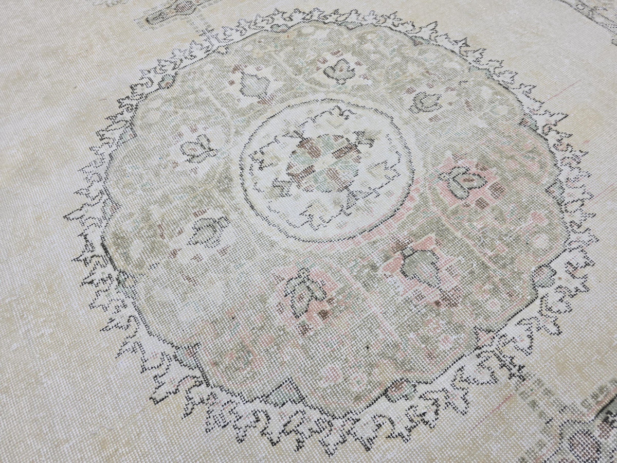 Oushak Rug 7x10, Neutral Beige Turkish Wool Carpet, Vintage Hand Knotted Area Rug for Living Room, Muted Medallion Isparta, Farmhouse Decor