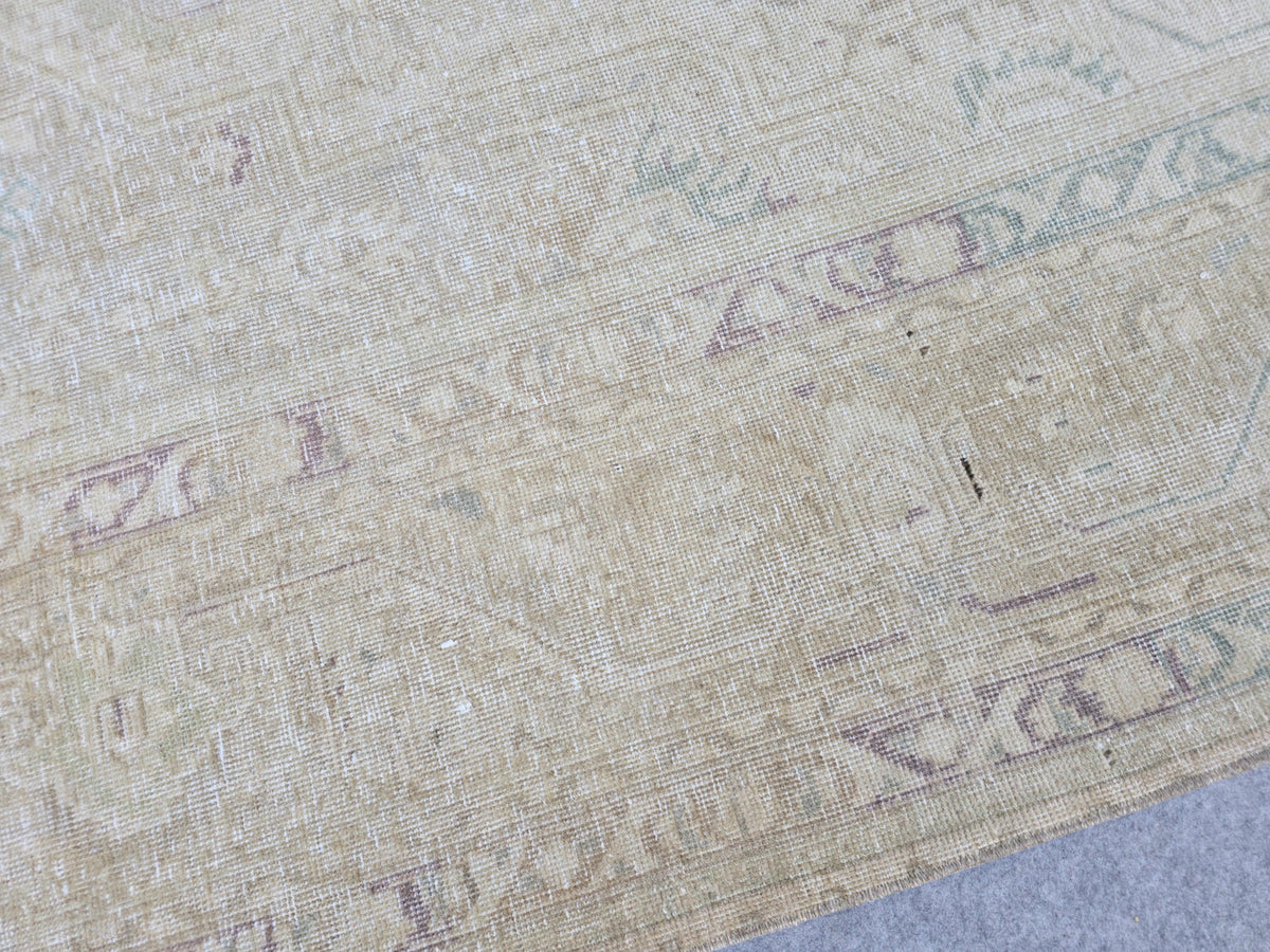 Turkish Rug 10x12, Faded Sand Beige Oversized Area Rug, Vintage Wool Carpet with Soft Blue Green, Living Room Boho Decor Rug