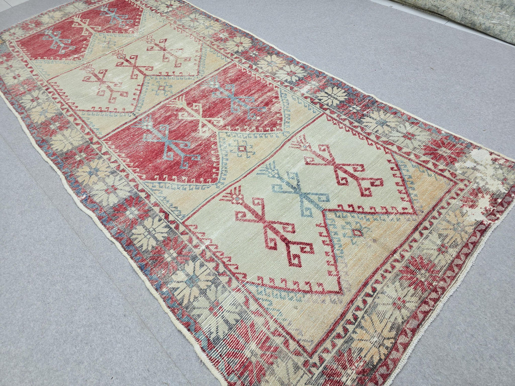 Oushak Rug 5x12, Antique Red Cream Distressed Wool Area Rug, Faded Panel Medallion Anatolian Wide Runner, Boho Farmhouse Living Room Decor