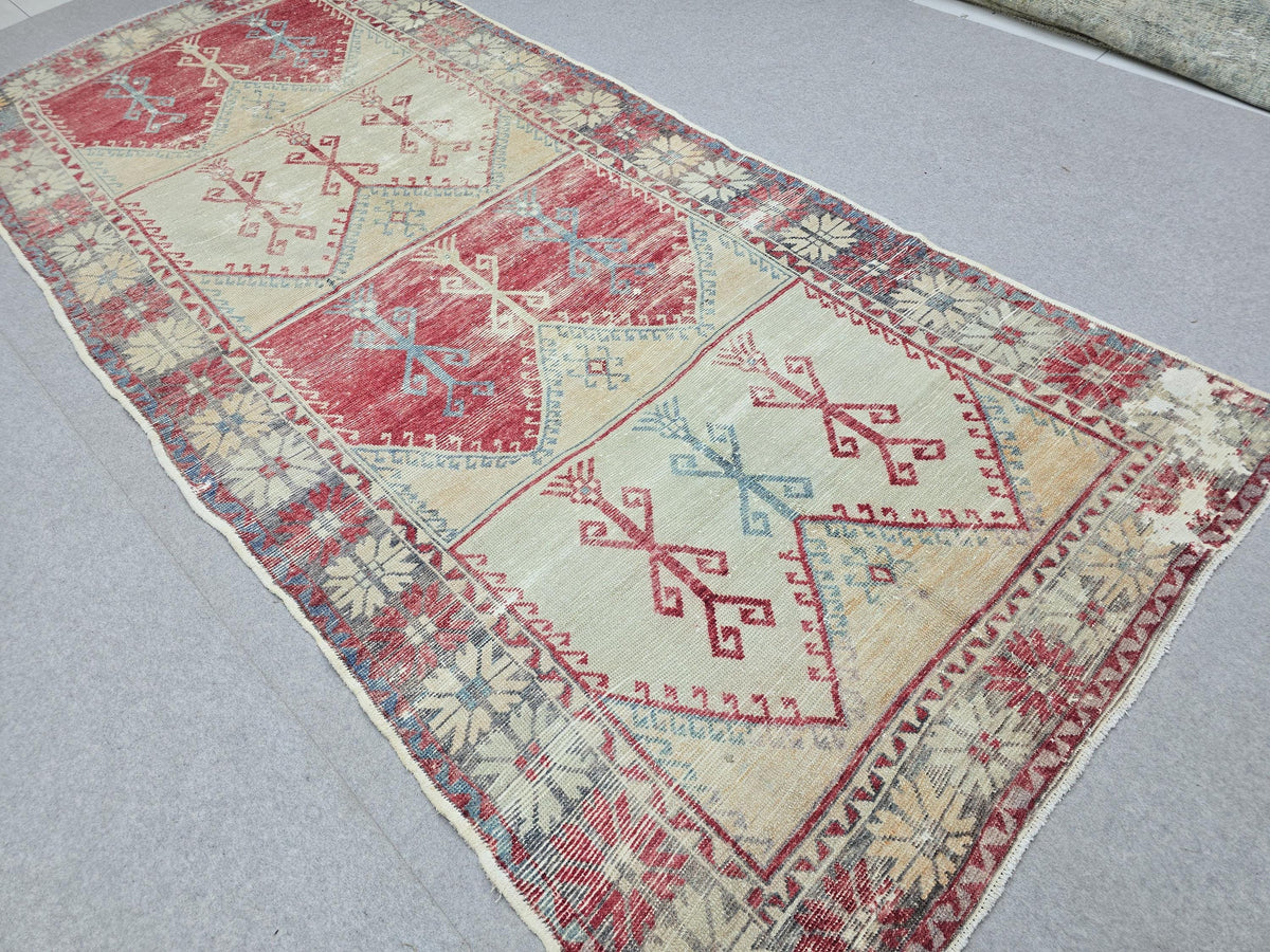 Oushak Rug 5x12, Antique Red Cream Distressed Wool Area Rug, Faded Panel Medallion Anatolian Wide Runner, Boho Farmhouse Living Room Decor