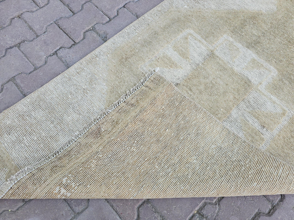 Beige Oushak Runner: Handmade Wool Anatolian Style Neutral Turkish Rug, 3.3x12.65 ft