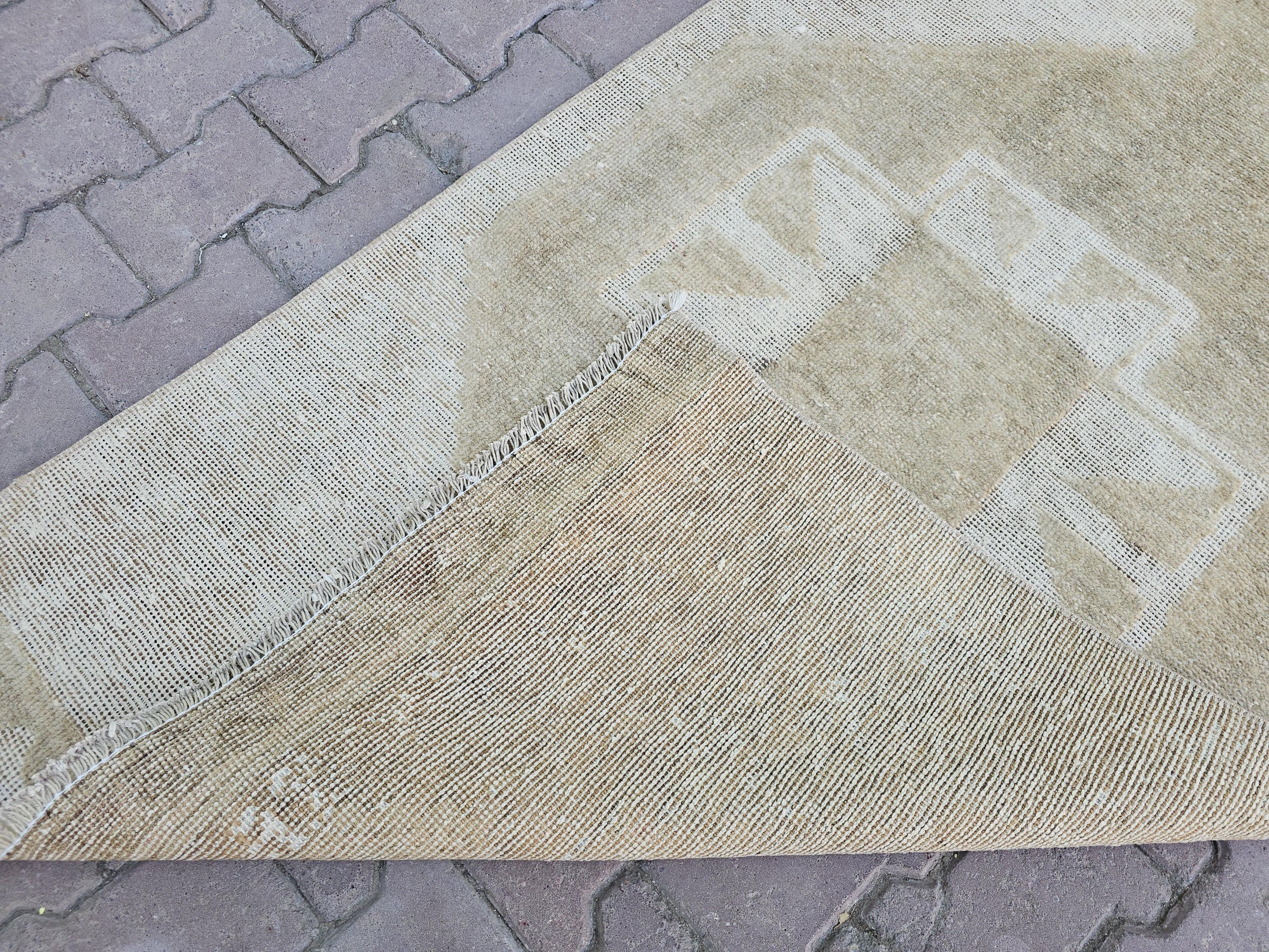 Beige Oushak Runner: Handmade Wool Anatolian Style Neutral Turkish Rug, 3.3x12.65 ft