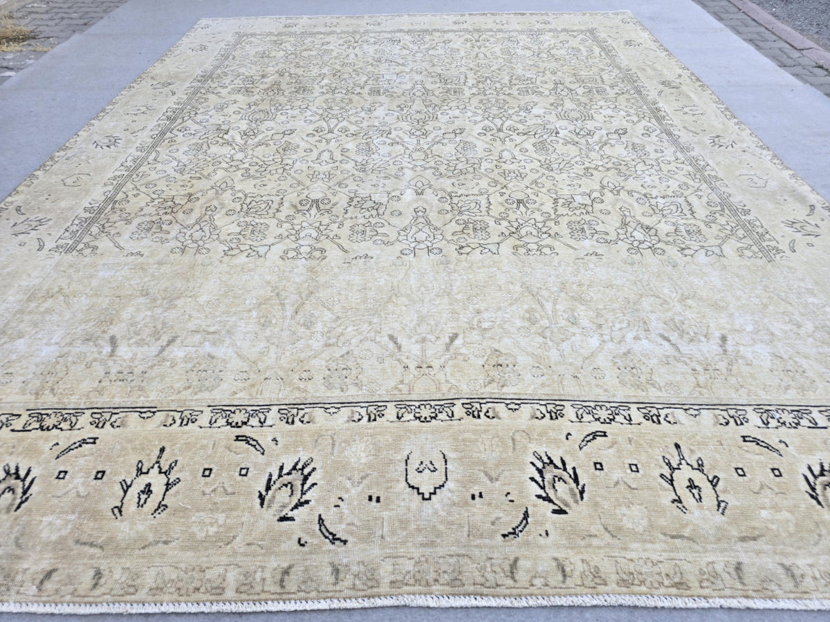 Turkish Rug 10x12, Faded Wheat Beige Wool Area Rug, Neutral All Over Floral Carpet for Living Room, Dining Room, Boho Rustic Decor