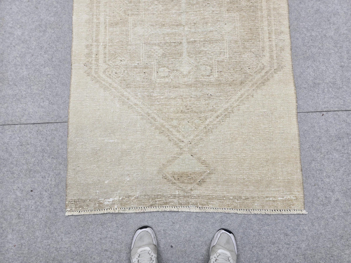 Vintage Runner Rug 3.5x12, Extra Long Sand Beige Hallway Runner, Muted Wool Corridor Rug, Neutral Stair Runner for Living Room Decor