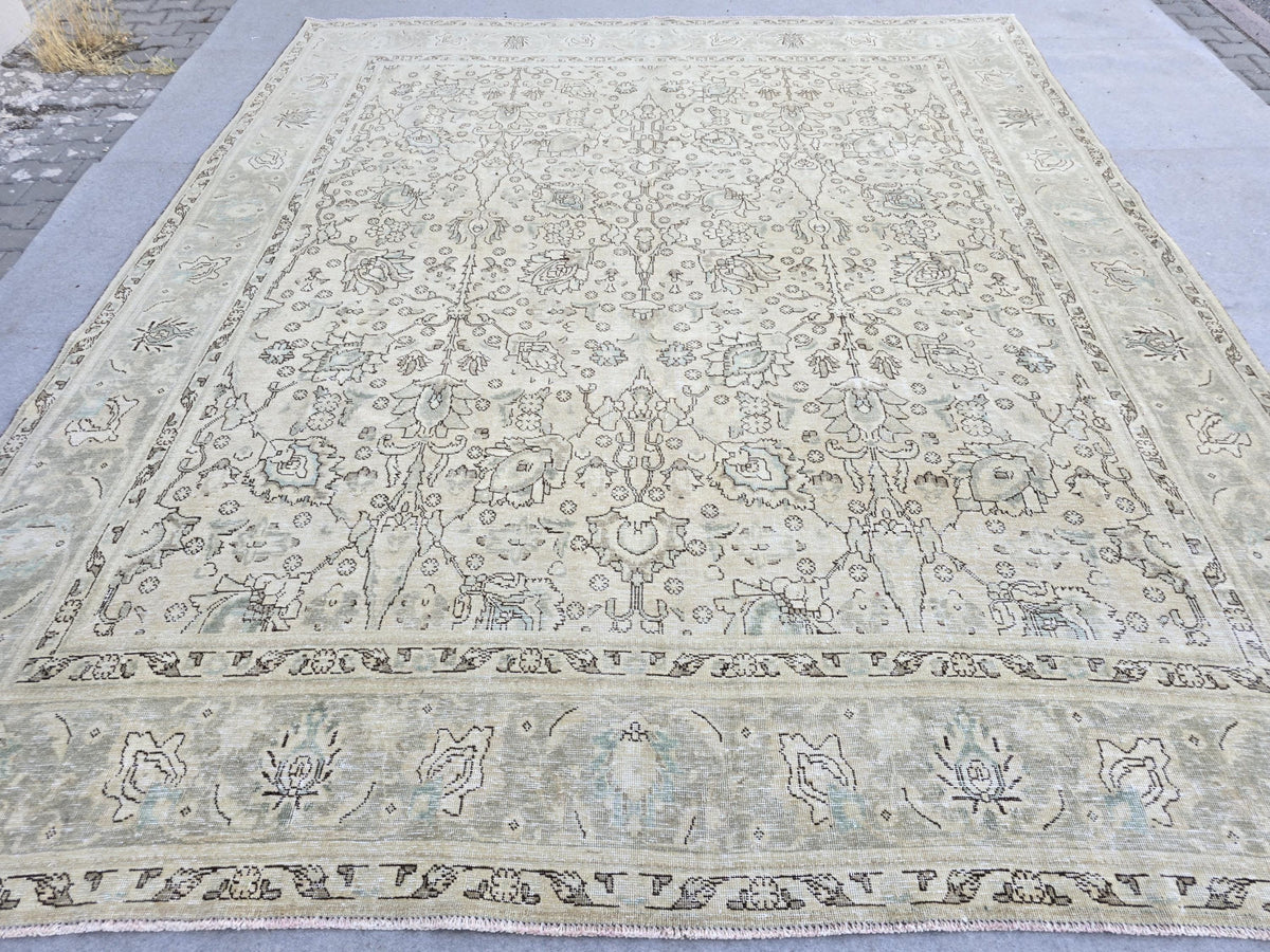 Turkish Rug 10x12, Neutral Oushak Rug, Sage Green Beige Rug, Hand Knotted Large Wool Carpet, Vintage Living Room Rug, Boho Decor