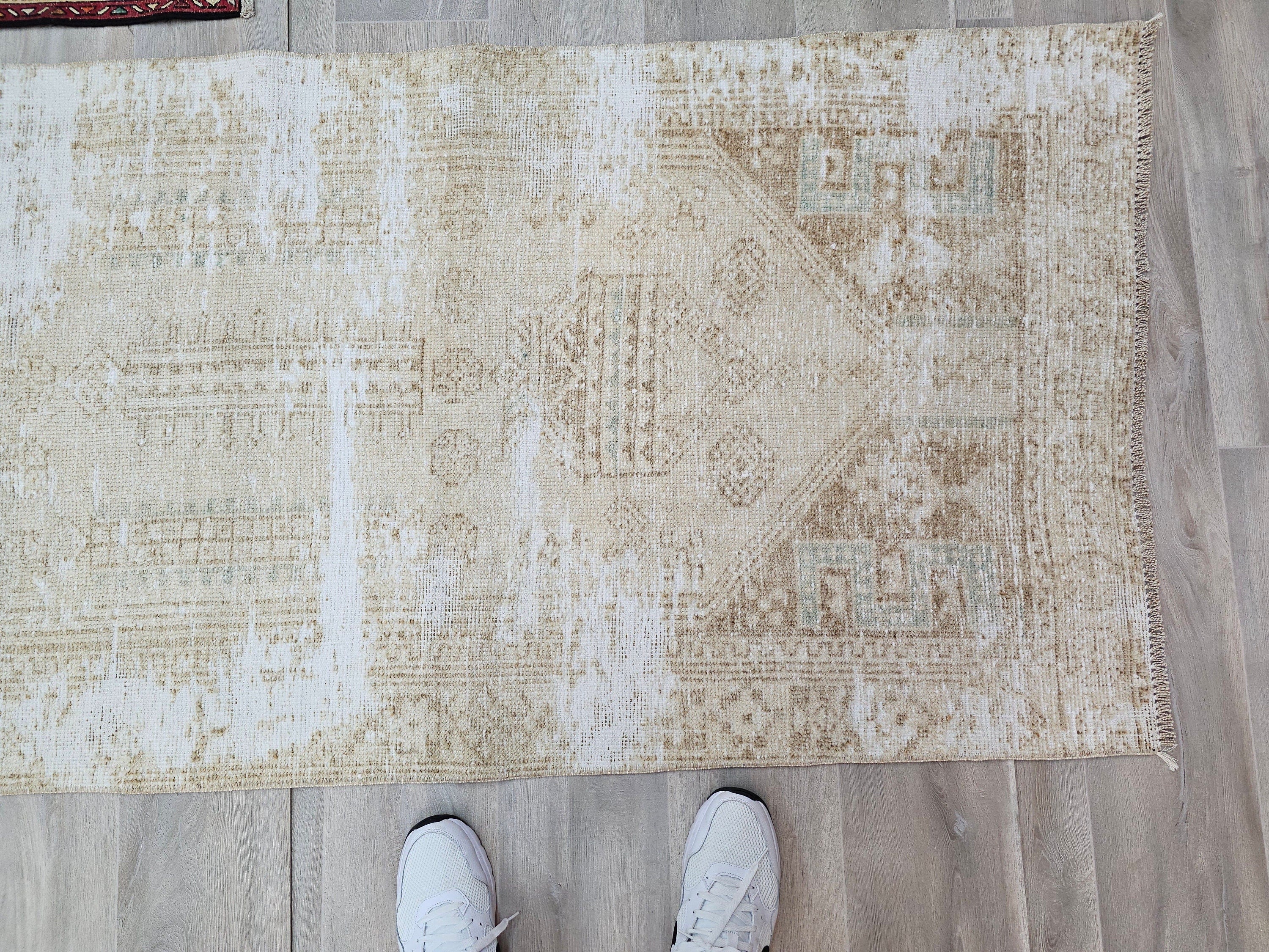 Hand Knotted Wool Runner Rug: Neutral Beige Turkish Oushak, 3x11