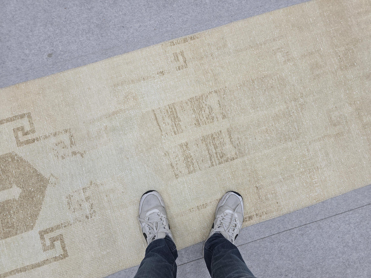Oushak Rug 3x13, Minimalist Neutral Runner, Hand Knotted Wool Turkish Runner, Faded Oatmeal Hallway Rug, Vintage Boho Stair Carpet