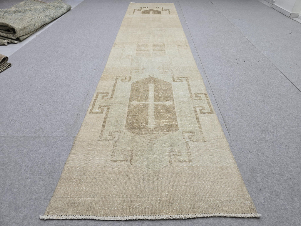 Oushak Rug 3x13, Minimalist Neutral Runner, Hand Knotted Wool Turkish Runner, Faded Oatmeal Hallway Rug, Vintage Boho Stair Carpet