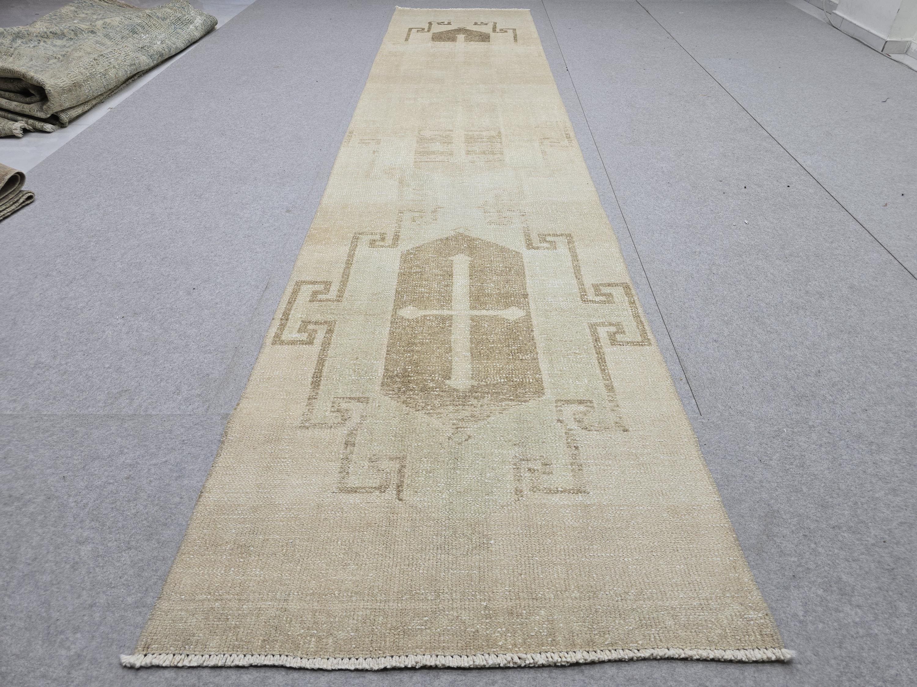 Oushak Rug 3x13, Minimalist Neutral Runner, Hand Knotted Wool Turkish Runner, Faded Oatmeal Hallway Rug, Vintage Boho Stair Carpet