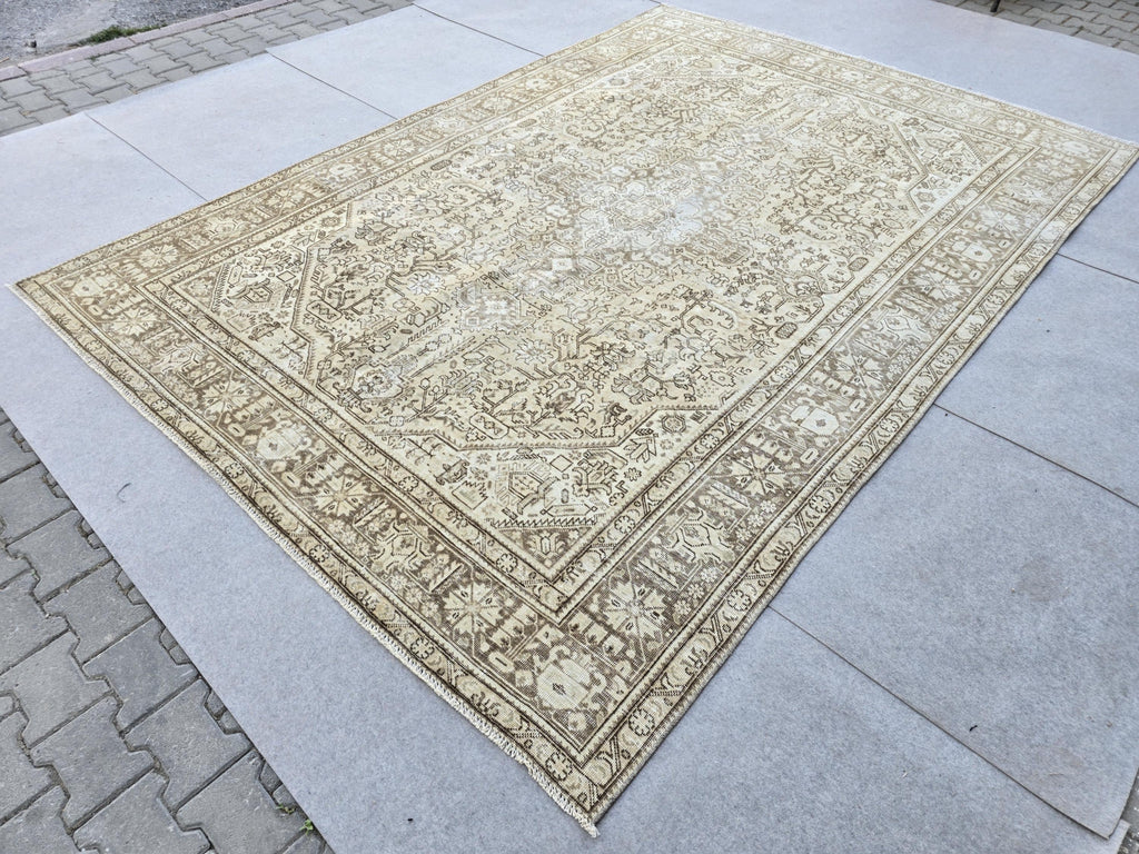 Vintage Turkish Rug, Neutral Beige 8x11 Area Rug, Handwoven Distressed Medallion Rug