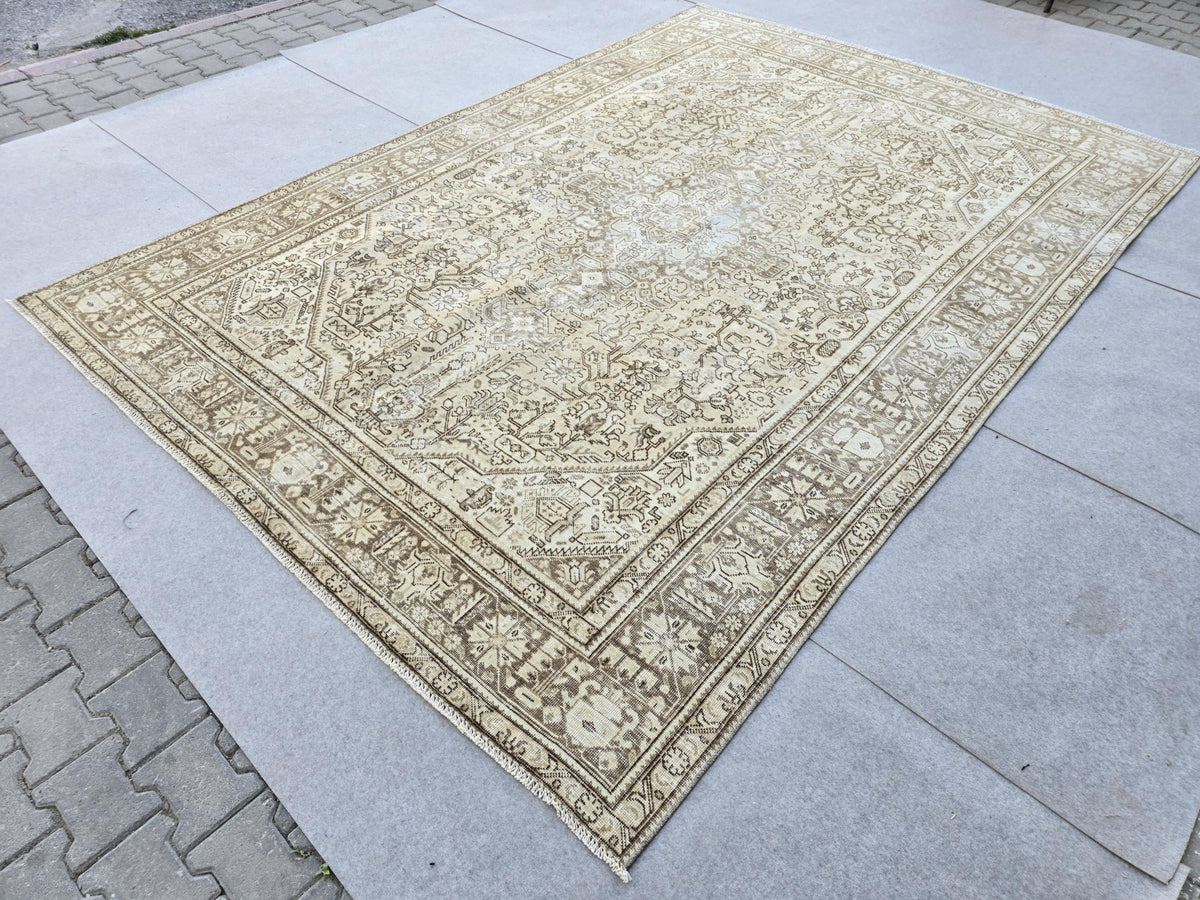 Vintage Turkish Rug, Neutral Beige 8x11 Area Rug, Handwoven Distressed Medallion Rug