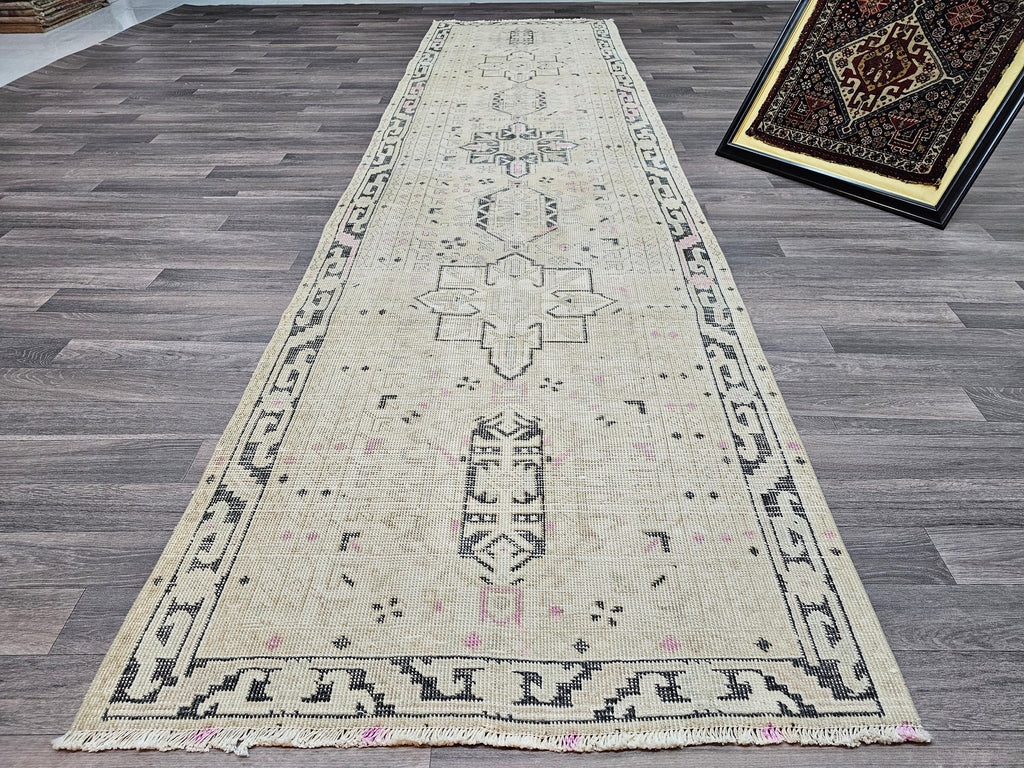 Vintage Turkish Oushak Wool Runner Rug: 3x12 Neutral Hallway Carpet