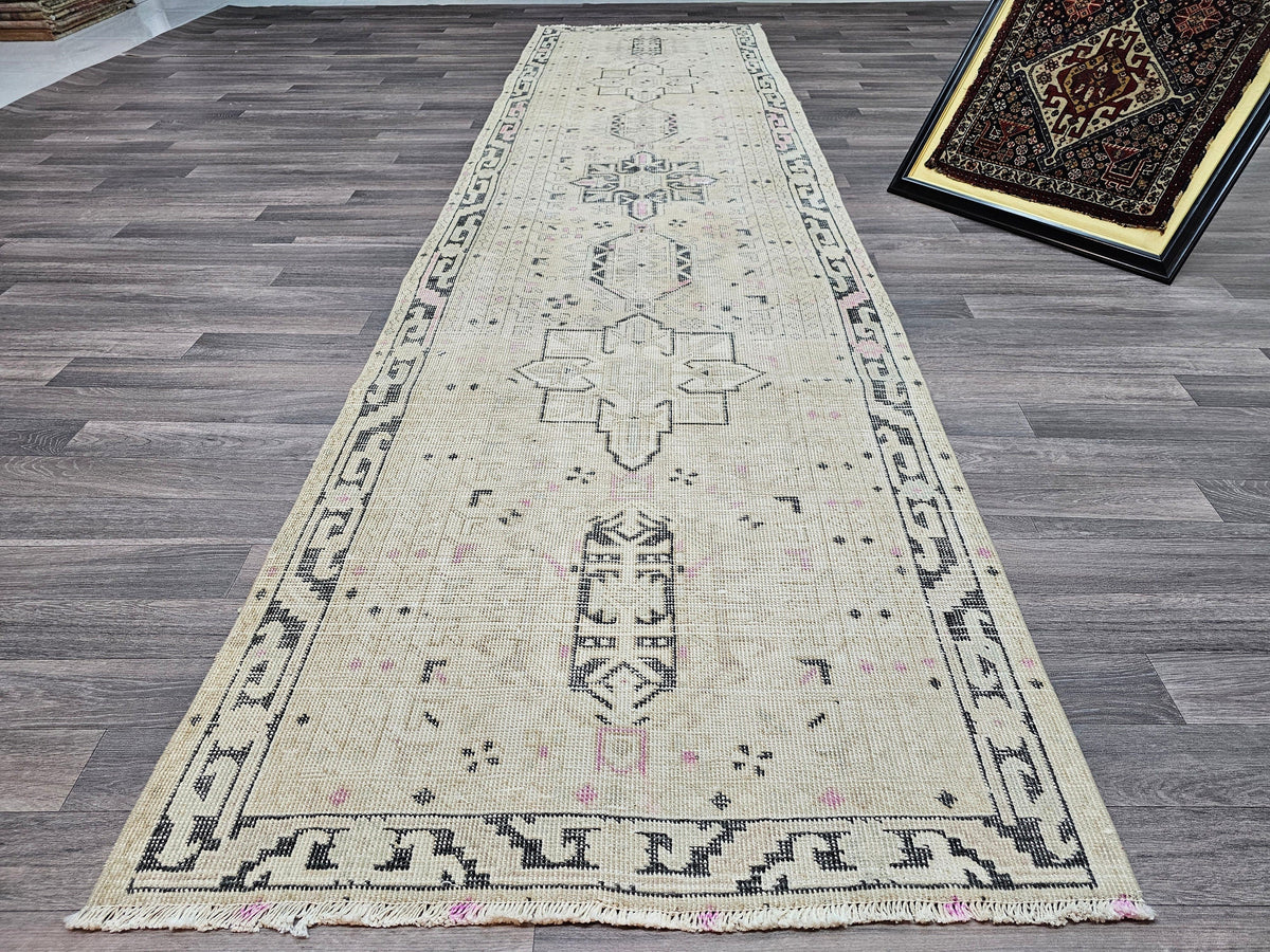 Vintage Turkish Oushak Wool Runner Rug: 3x12 Neutral Hallway Carpet