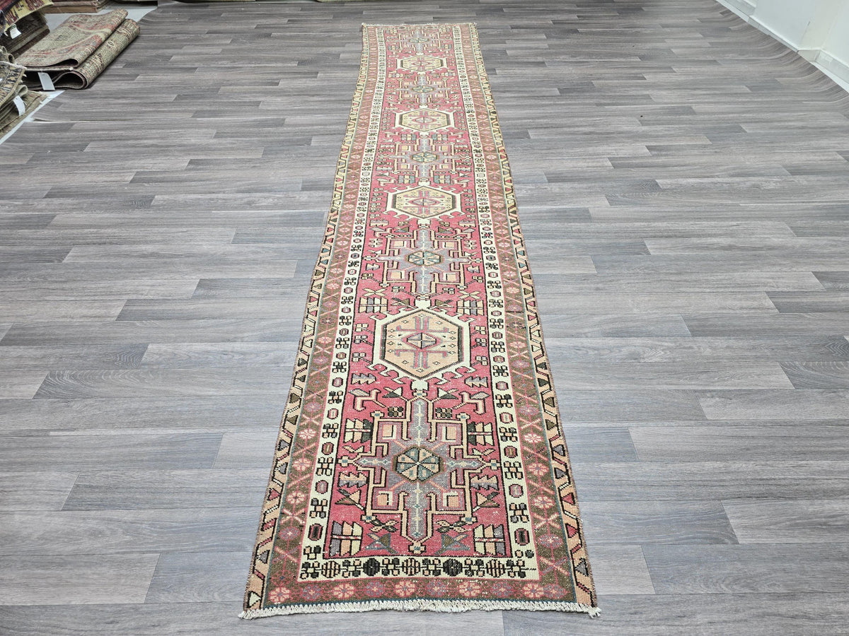 Vintage Turkish Runner Rug: Pink Beige Handknotted Wool, Geometric Hallway Decor (2.4x12.2 ft)