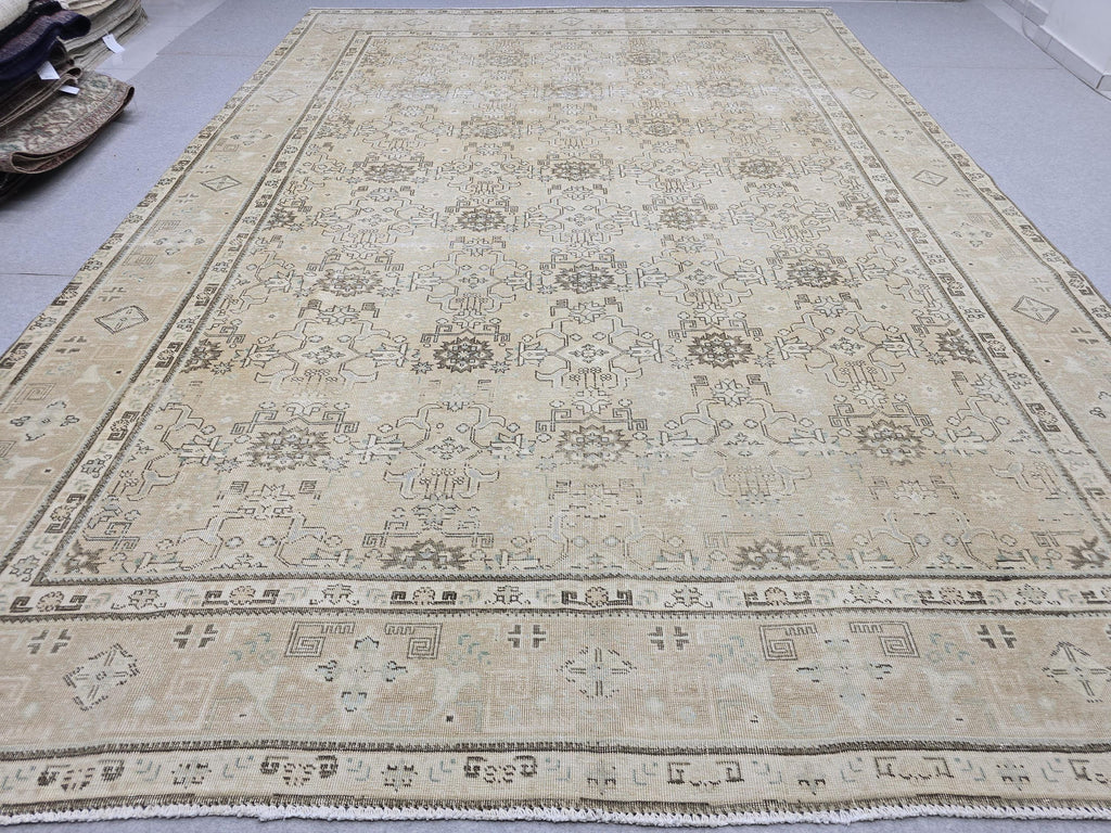 Oushak Rug 9x13 Faded Neutral Vintage Turkish Carpet Hand Woven Distressed Area Rug