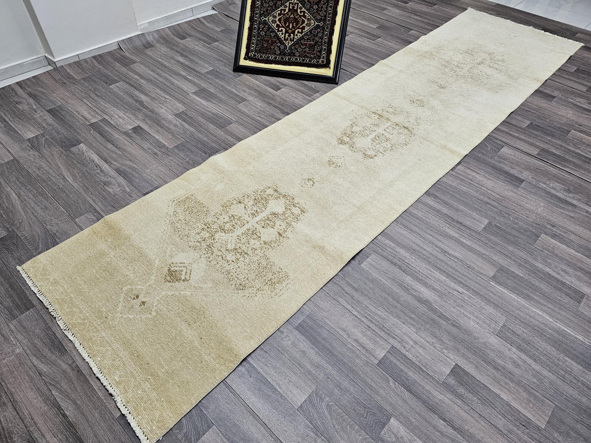 Neutral Turkish Runner Rug: 3x12.5 ft Vintage Oushak Wool Hallway Rug