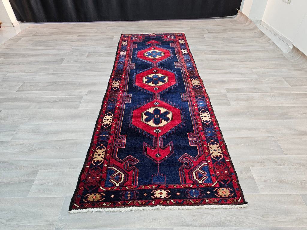 3.50x9.85 feet Traditional Wool Antique Anatolian Runner Rug Red Navy Blue