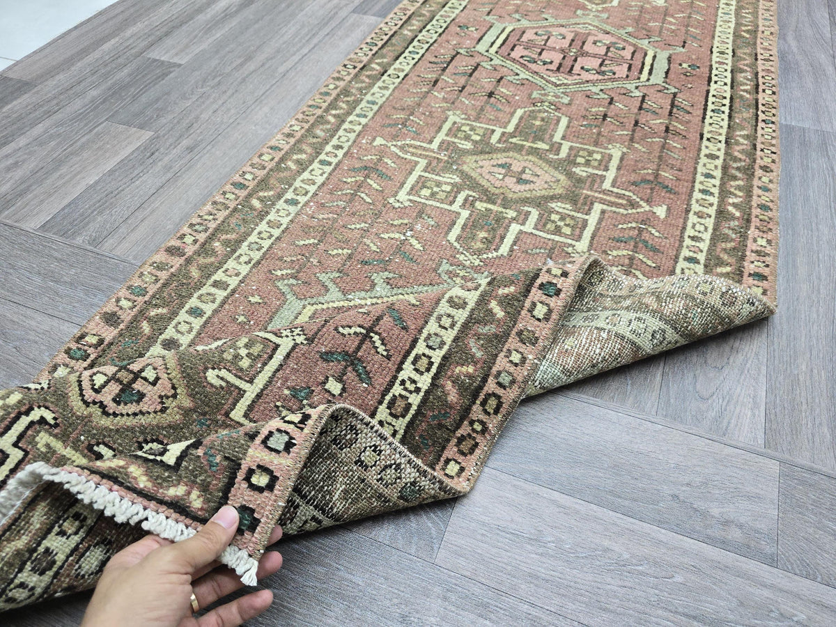 Hand Knotted Wool Heriz Runner Rug: 2.5x14 Long Anatolian Hallway Carpet