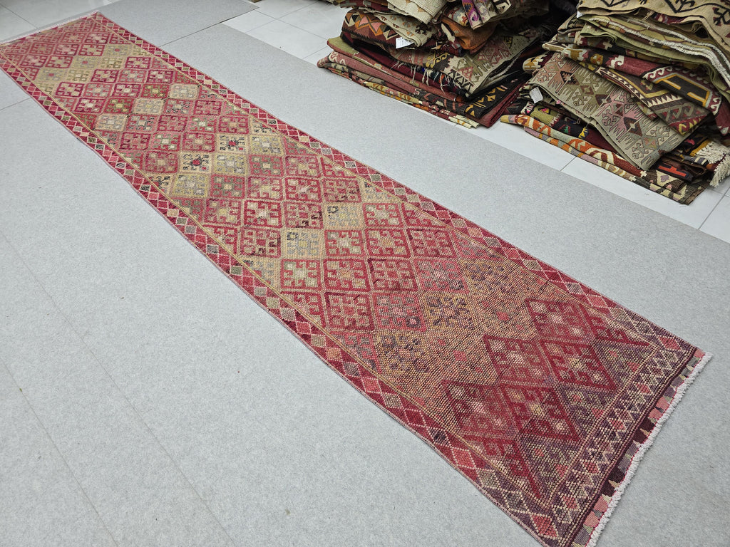 3x14 Vintage Oushak Runner Rug: Hand-Knotted Wool Turkish runner rug for Kitchen and Stairs - Long Hallway runner (2.75x14.4 ft)