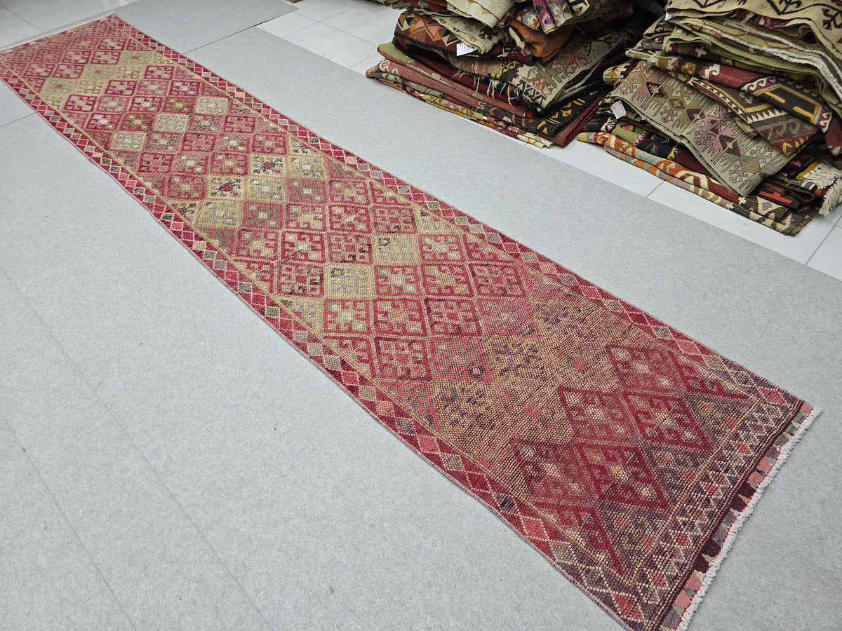 3x14 Vintage Oushak Runner Rug: Hand-Knotted Wool Turkish runner rug for Kitchen and Stairs - Long Hallway runner (2.75x14.4 ft)