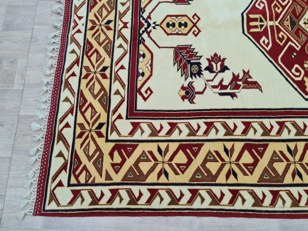 Hand Knotted Wool Rug: 6x9 Vintage Turkish Oushak Geometric Rug