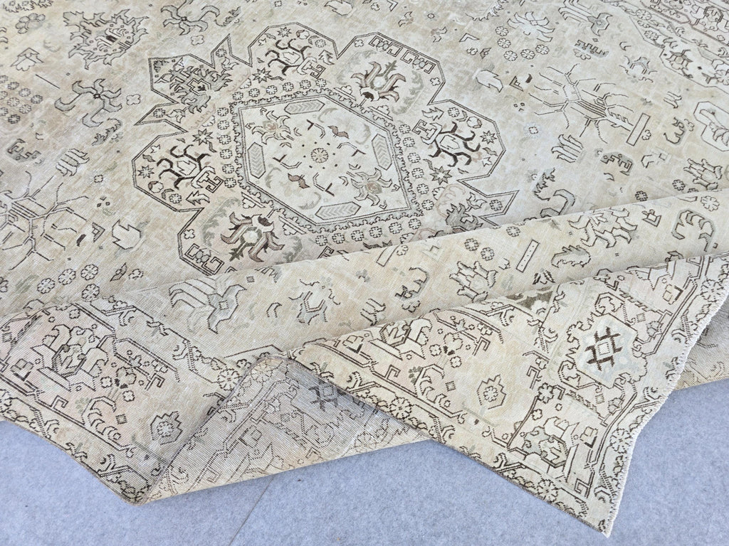 Oushak Rug 10x13, Vintage Hand Knotted Wool Turkish Rug, Ivory Olive Green Medallion Area Rug for Living Room, Large Antique Carpet
