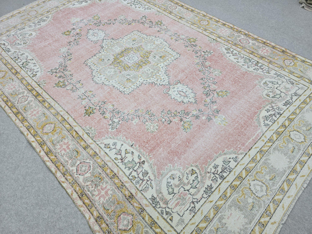 Muted Pink Vintage Oushak Rug 6'5"x9'8" | Neutral Turkish Area Rug Faded Boho Living Room