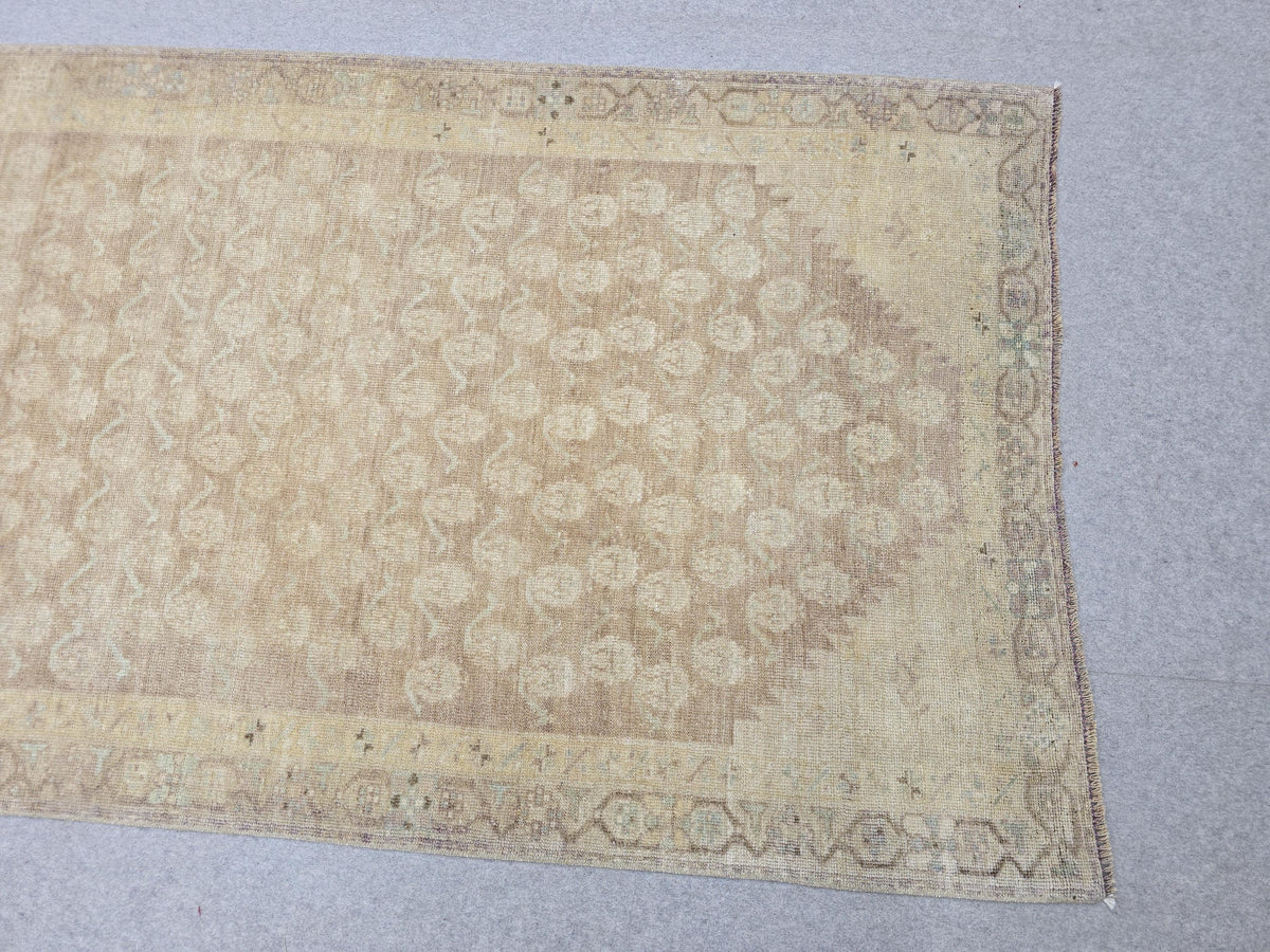 Turkish Rug 4x13, Neutral Runner Rug, Faded Hand Knotted Wool Oushak Runner, Muted Beige Lilac Hallway Rug, Vintage Boho Corridor Carpet
