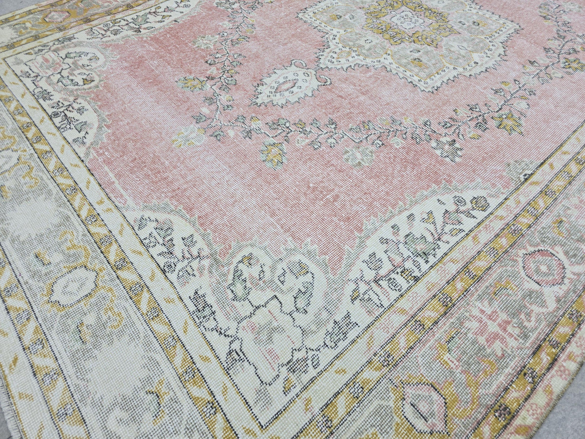 Muted Pink Vintage Oushak Rug 6'5"x9'8" | Neutral Turkish Area Rug Faded Boho Living Room