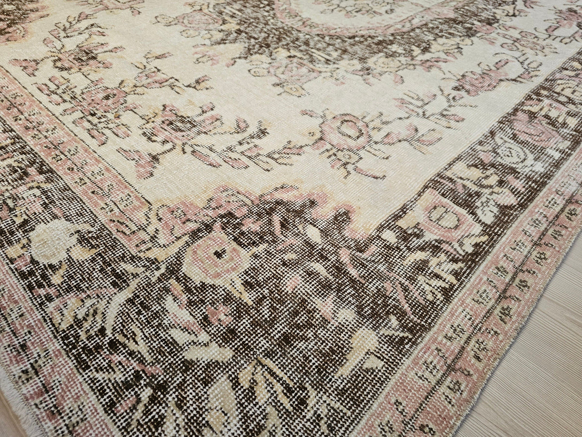 6x9 Neutral Vintage Turkish Oushak Area Rug, Floral Design Wool Rug //5.70x9.25 feet