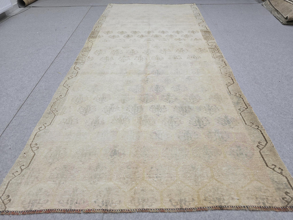 Vintage Rug 4x10, Neutral Wide Runner, Hand Knotted Wool Oushak Rug, Faded Wheat Beige Hallway Carpet, Muted Turkish Boho Gallery Rug