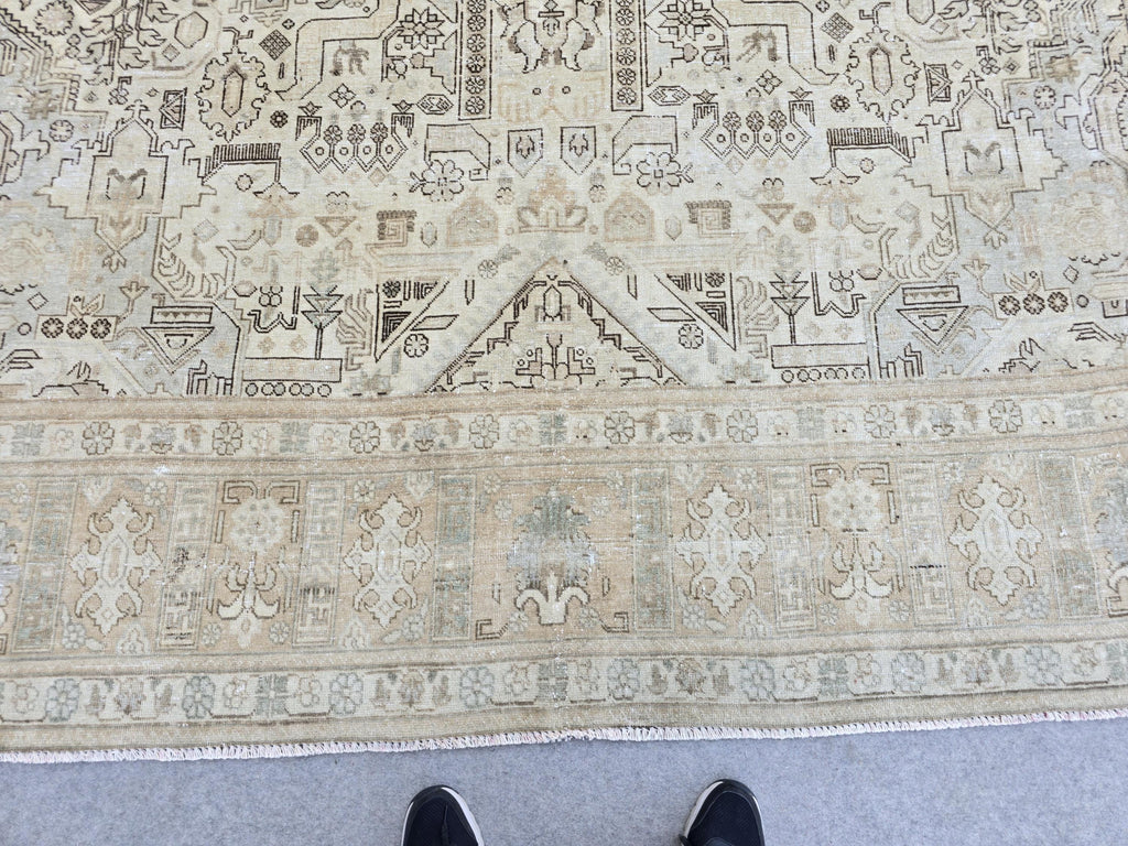 Turkish Rug 10x12, Faded Neutral Tribal Area Rug, Distressed Vintage Wool Carpet, Beige All Over Geometric, Boho Living Room