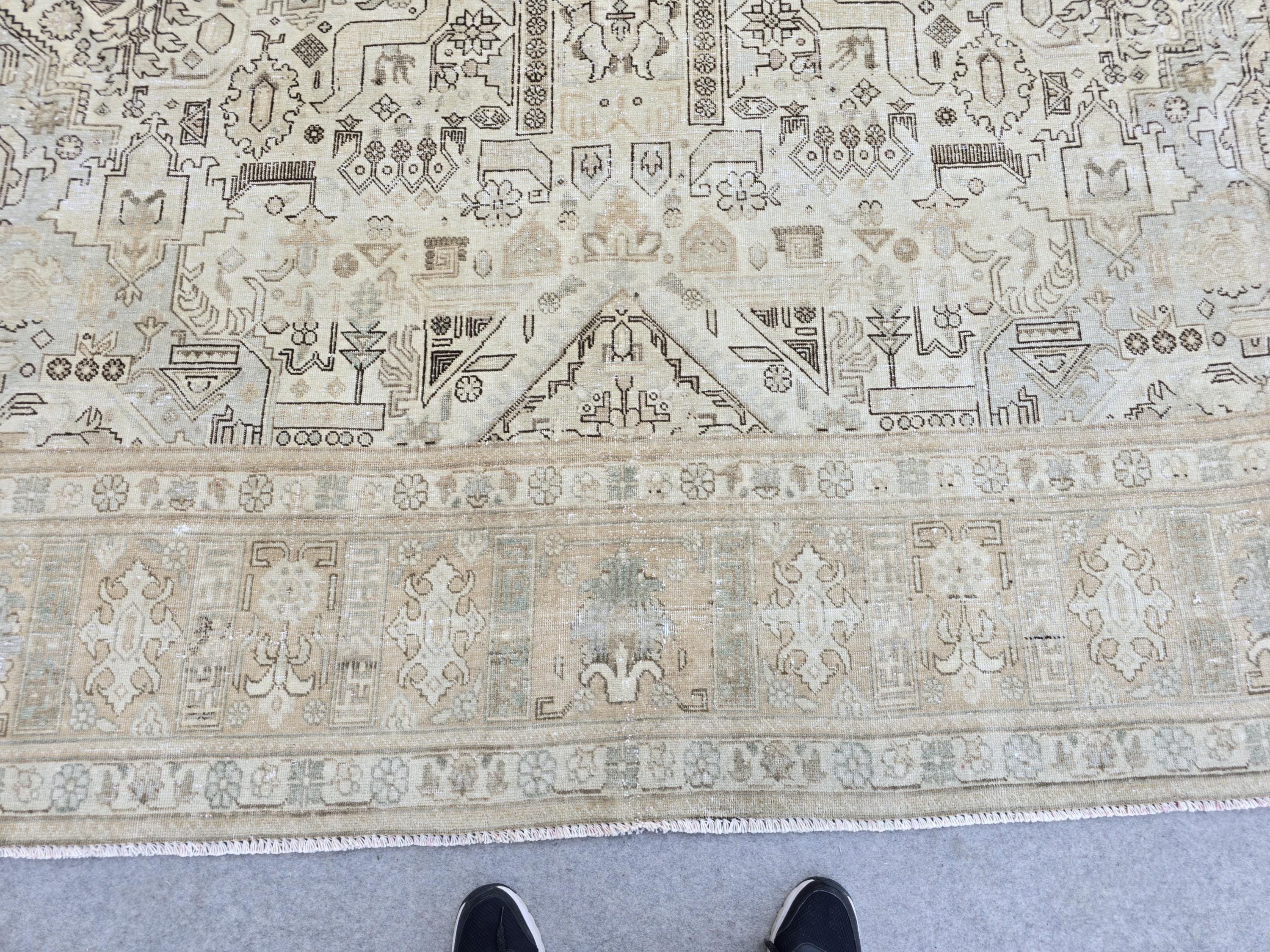 Turkish Rug 10x12, Faded Neutral Tribal Area Rug, Distressed Vintage Wool Carpet, Beige All Over Geometric, Boho Living Room
