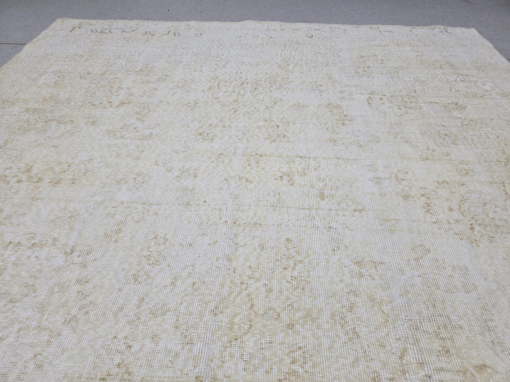 7x10 Handknotted Turkish Oushak Rug, Cream Beige Faded Wool Carpet