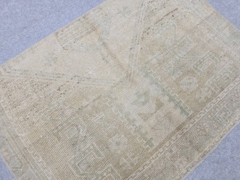 Vintage Bath Mat 2x3, Small Turkish Rug, Faded Neutral Door Mat, Hand Knotted Wool Oushak Mat, Muted Beige Kitchen Rug, Boho Entryway Rug