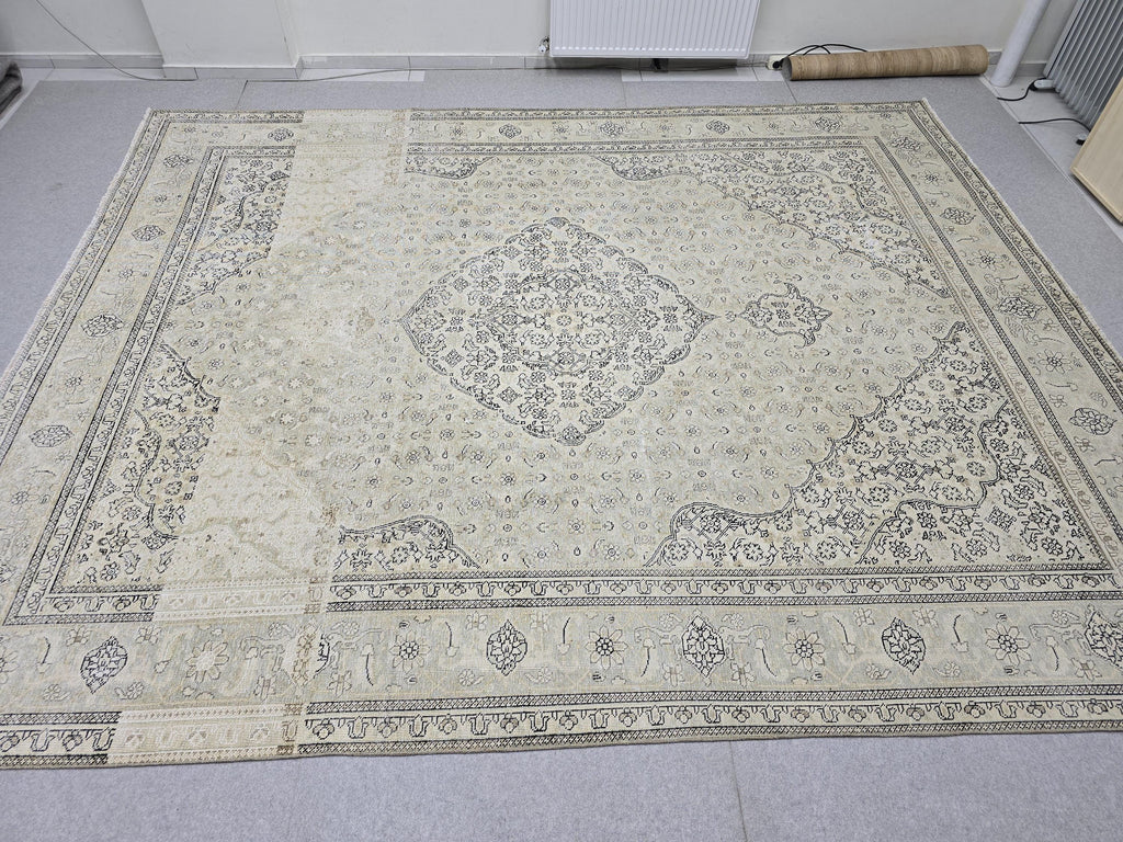 10x12 Vintage Rug | Cream Ivory Tabriz Style Hand Knotted Wool Rug | Neutral Beige Turkish Carpet 9x12