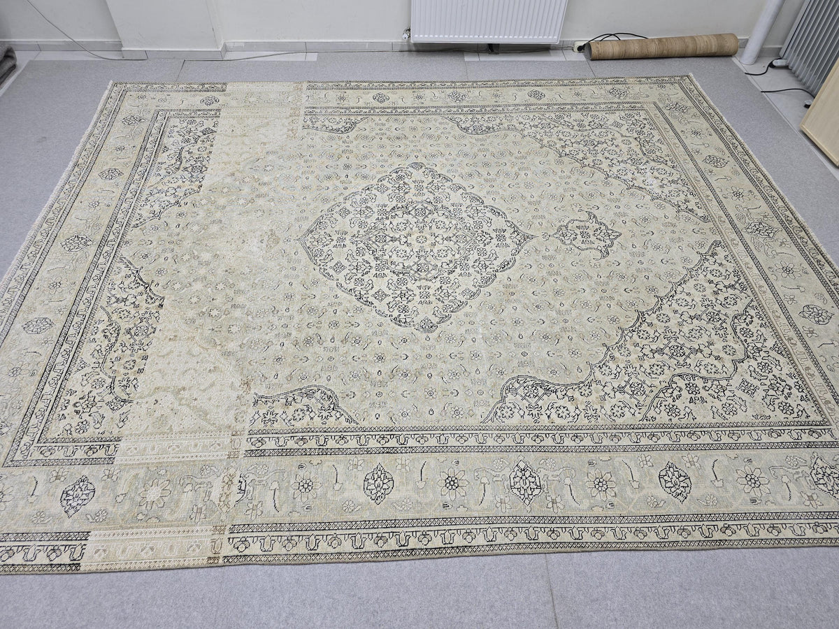 10x12 Vintage Rug | Cream Ivory Tabriz Style Hand Knotted Wool Rug | Neutral Beige Turkish Carpet 9x12