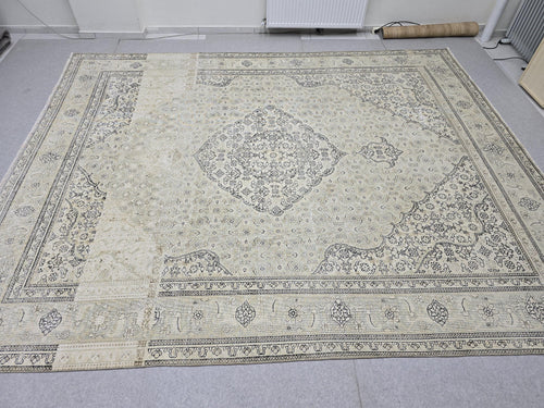 10x12 Vintage Rug | Cream Ivory Tabriz Style Hand Knotted Wool Rug | Neutral Beige Turkish Carpet 9x12