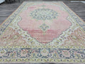 Vintage Turkish Oushak Rug: 7x11 Pink Floral Wool Carpet